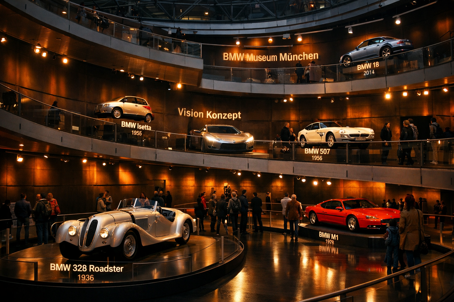 Wide-angle interior shot of the BMW Museum München — multiple levels of spiraling exhibition ramps with vintage and modern