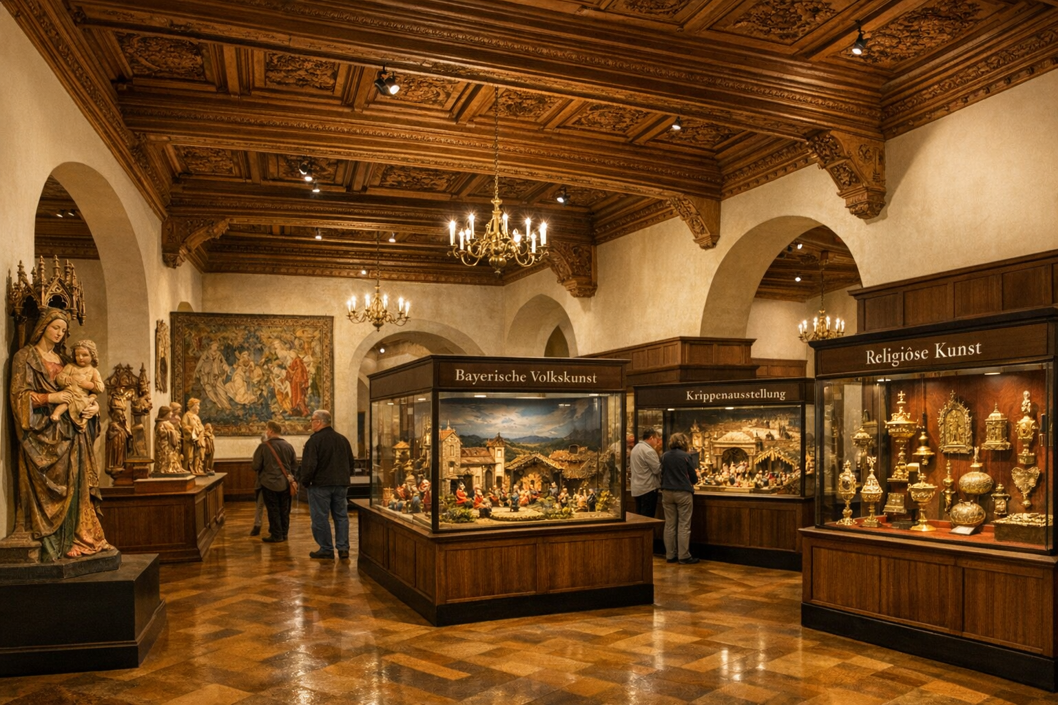 Wide-angle interior shot of the Bayerisches Nationalmuseum München showing multiple exhibition halls with medieval