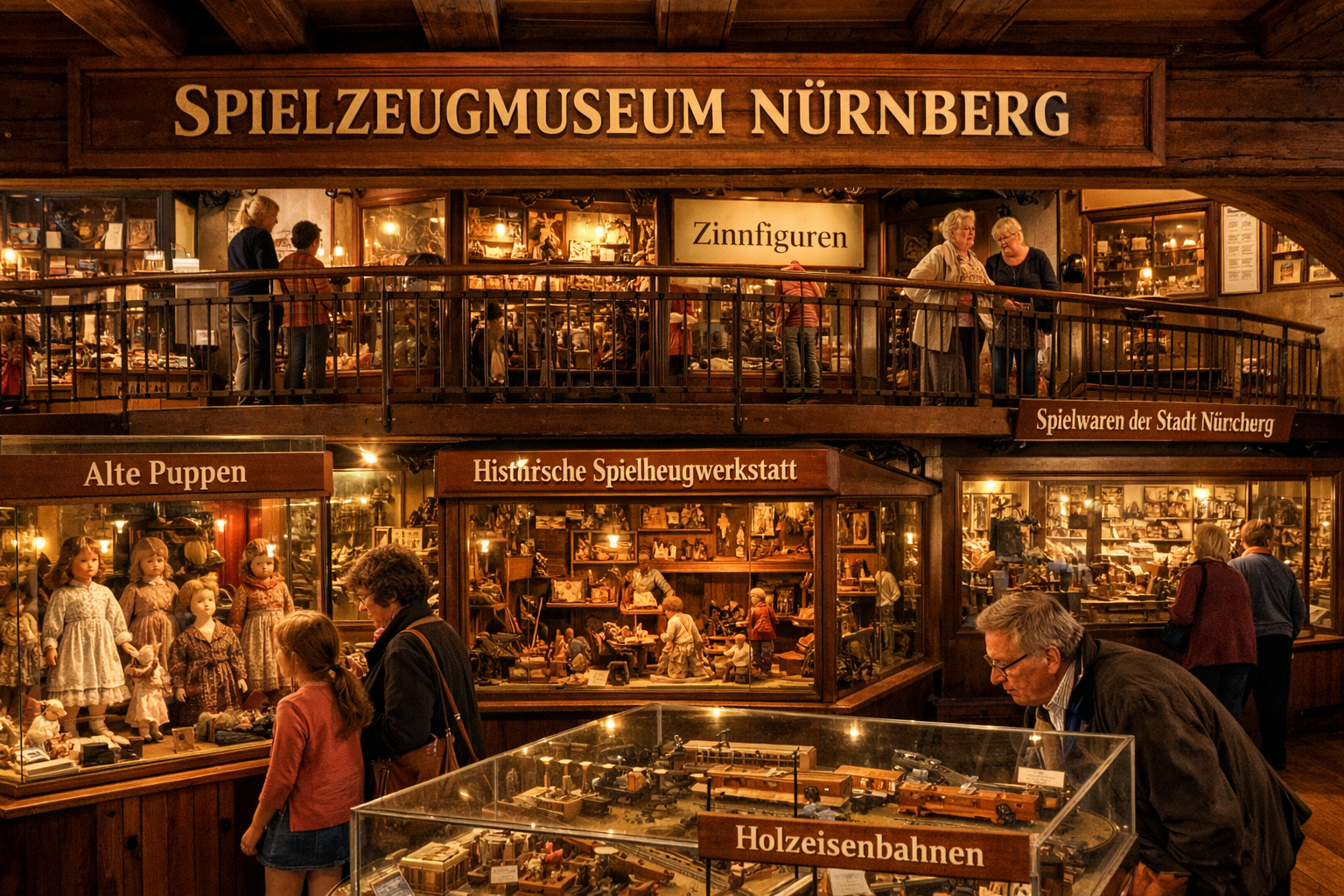 Wide-angle interior shot of the Spielzeugmuseum Nürnberg showing multiple floors of exhibition galleries filled with antique