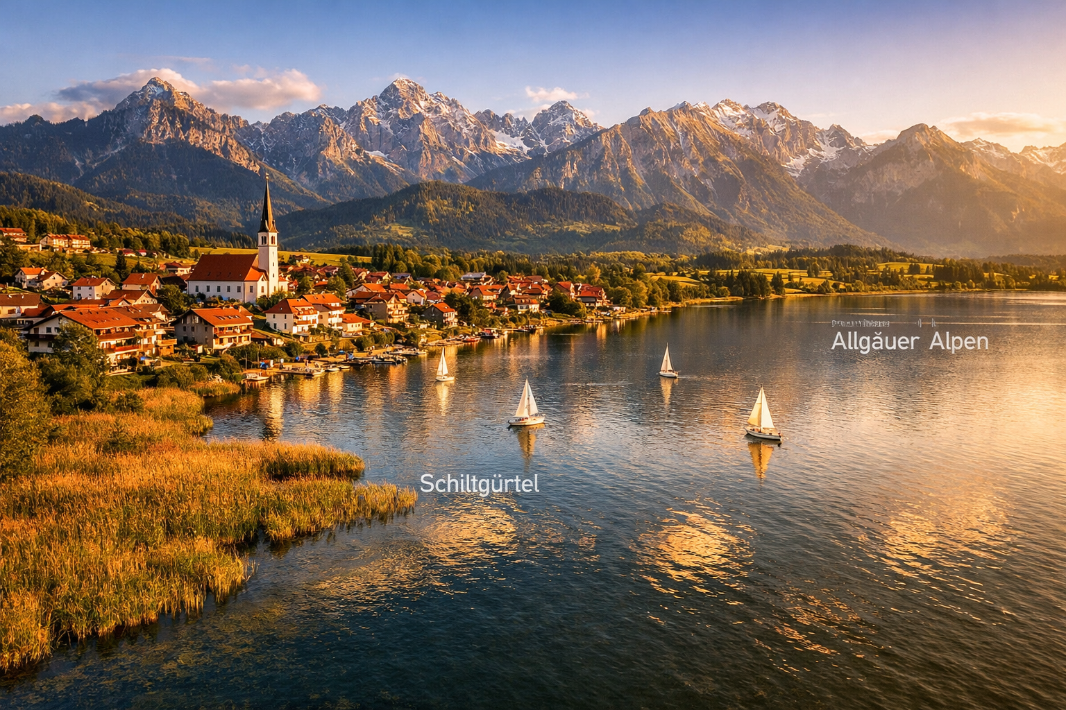 () aerial panorama of Hopfensee lake surrounded by the village of Hopfen am See, showing the reed beds along the shoreline,