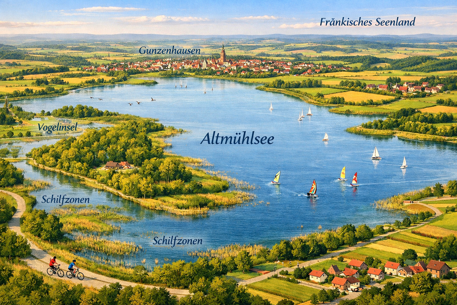() aerial perspective illustration of the Altmühlsee region showing the lake's full extent with the Vogelinsel bird