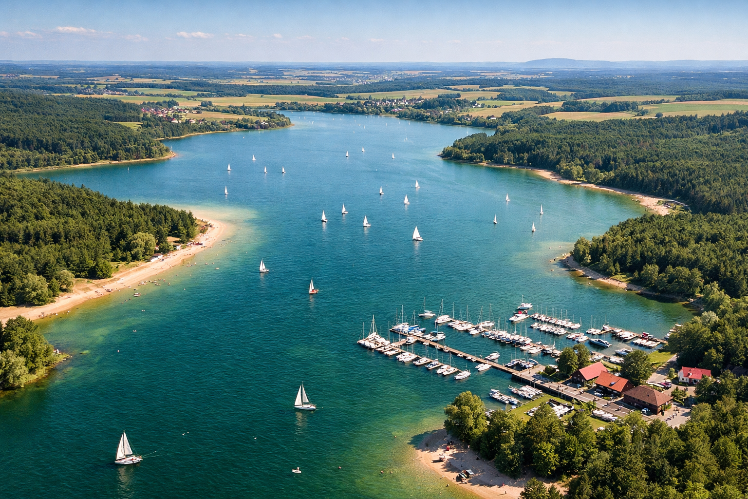 () aerial perspective image of Igelsbachsee showing the full lake basin near Absberg in Fränkisches Seenland from a moderate
