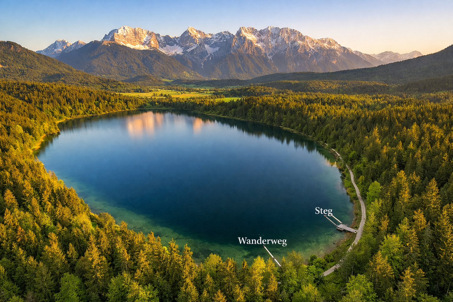 () aerial perspective of the Barmsee lake near Krün showing the full oval shape of the lake surrounded by dense alpine