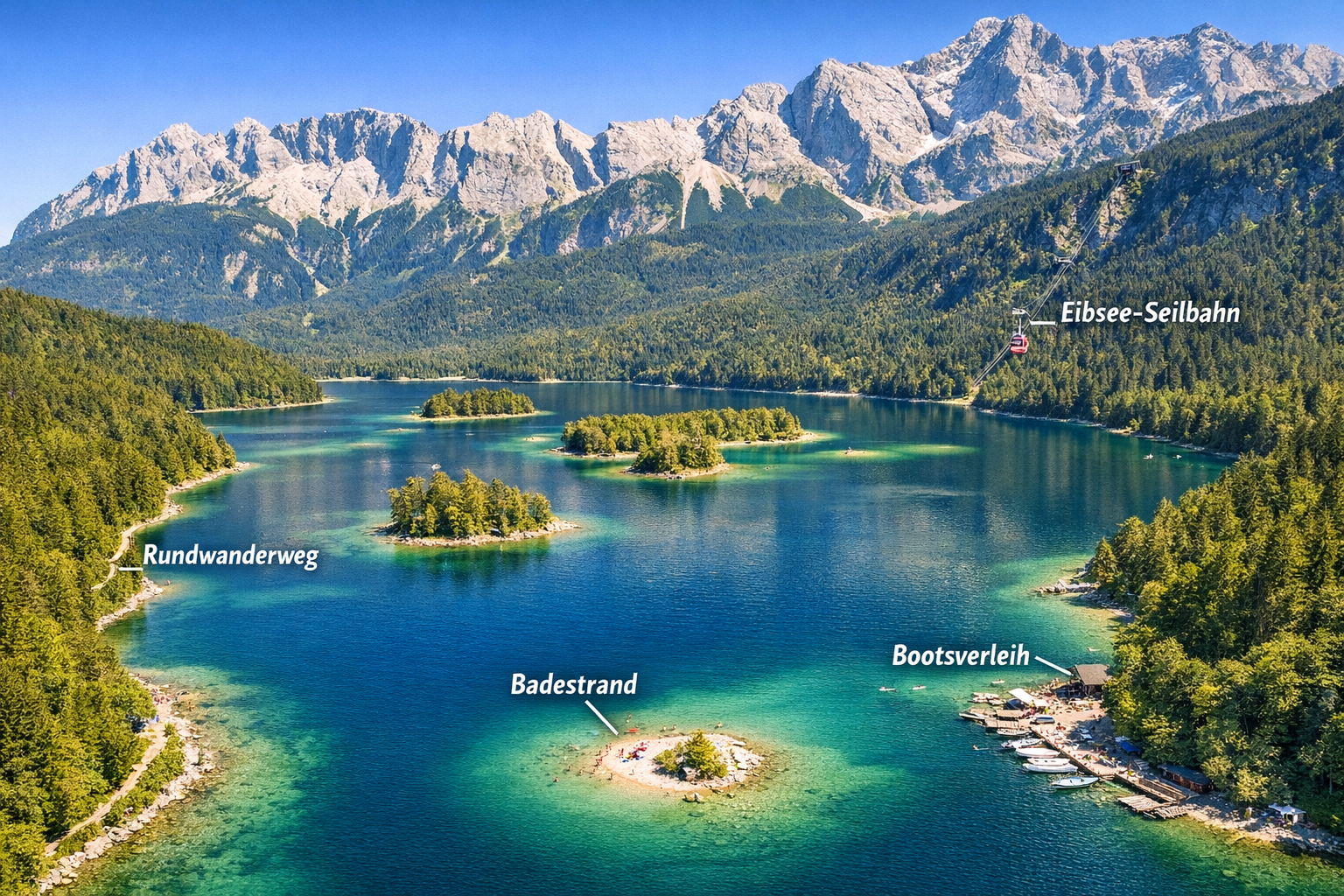 () aerial perspective of the Eibsee with its distinctive emerald-green water and multiple small wooded islands, surrounded