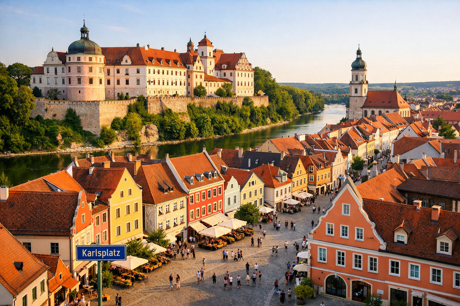 () aerial perspective of the historic Altstadt of Neuburg an der Donau with Schloss Neuburg prominently visible on the