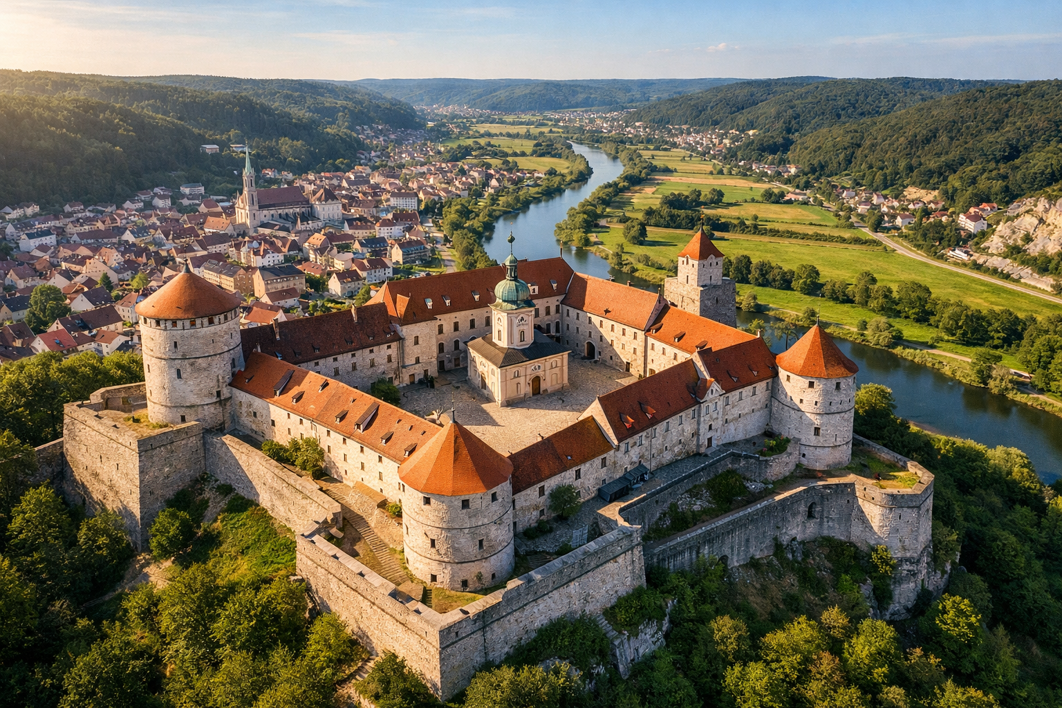 Willibaldsburg 2 () aerial perspective view of Willibaldsburg fortress from above, showing the full Renaissance castle complex with