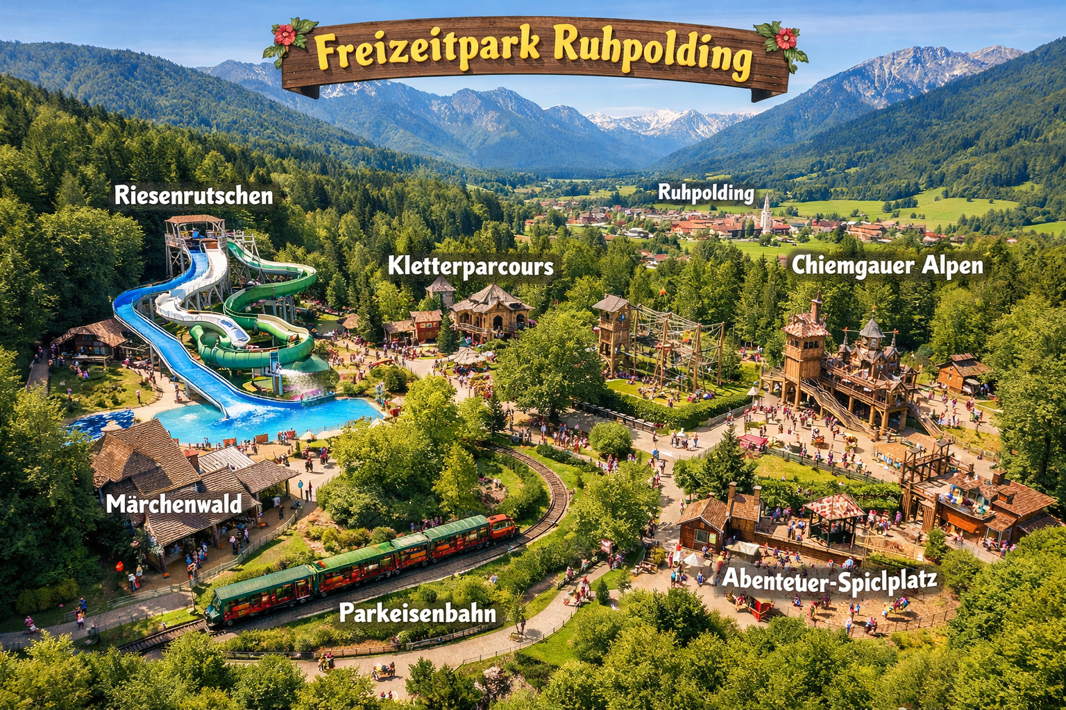 Freizeitpark Ruhpolding (Ruhpolding) 2 () aerial-style view of Freizeitpark Ruhpolding showing multiple attraction zones from above, water slides glistening in