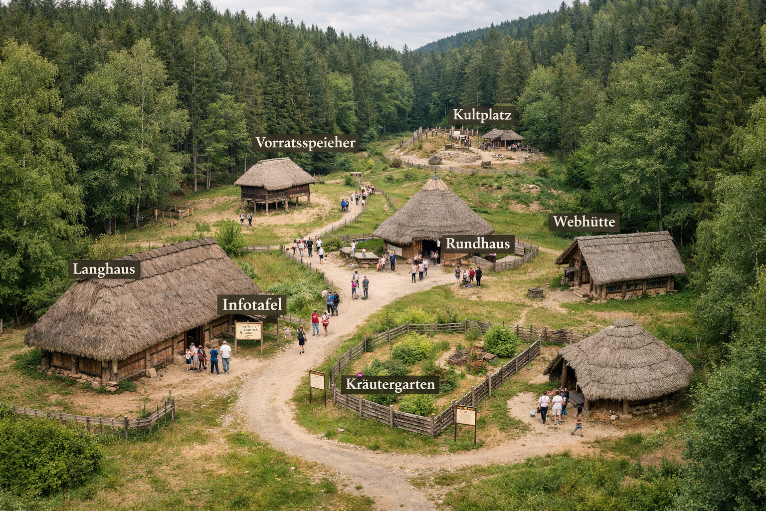 () aerial-style wide shot of the Keltendorf Gabreta Ringelai open-air museum site in Ringelai Bavaria, multiple