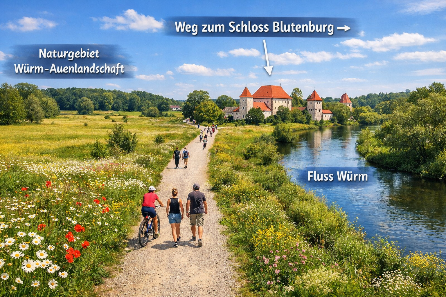 Schloss Blutenburg 2 () aerial-style wide shot of the walking path leading to Schloss Blutenburg from the Würm river valley, cyclists and