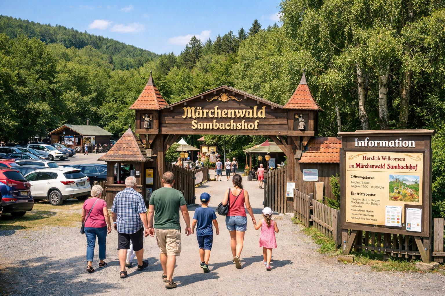 Märchenwald Sambachshof (Bad Königshofen) 2 () aerial-style wide shot showing the entrance area and parking lot of Märchenwald Sambachshof near Bad Königshofen in the