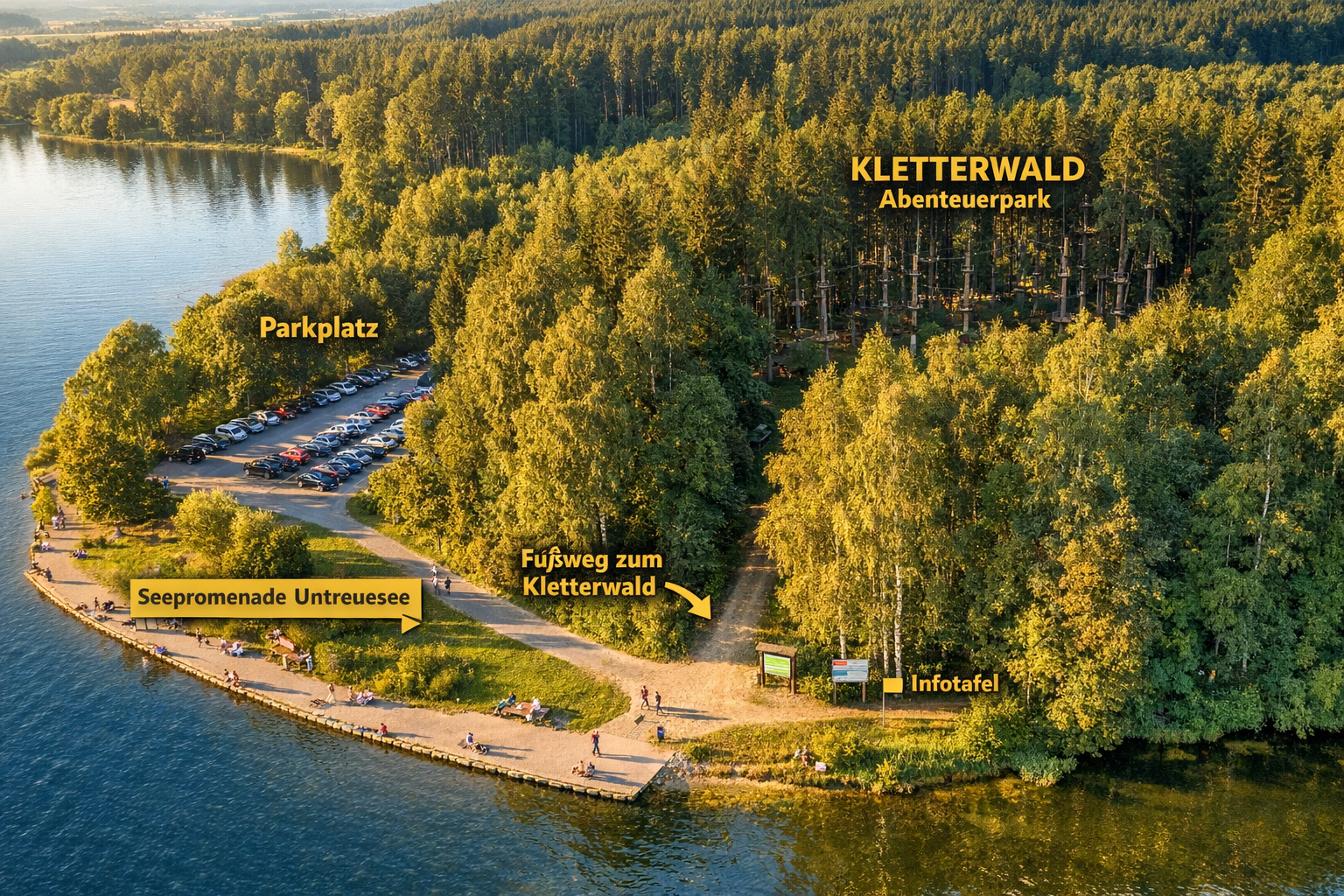 () bird's-eye drone photograph of the Untreusee lake near Hof in Bavaria, showing the surrounding forest with the