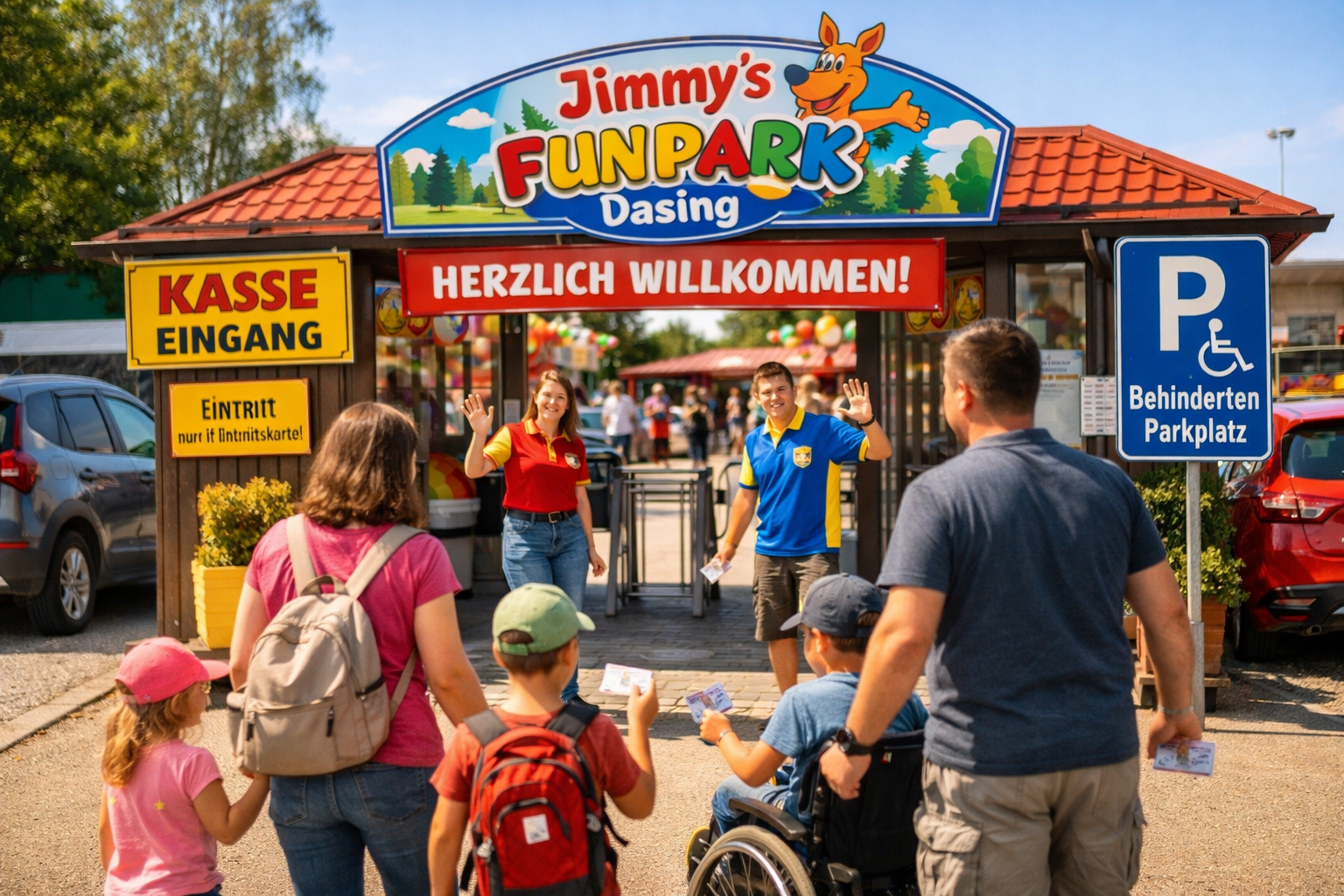 () close-up ground-level image of visitors arriving at Jimmy's Funpark Dasing entrance, parking area with cars, clear