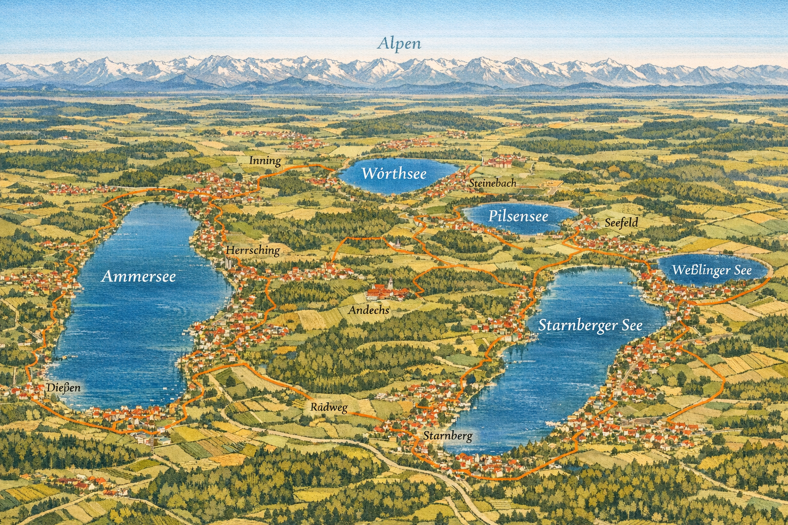 () detailed aerial panorama illustration of the Fünfseenland region showing all five lakes — Ammersee, Starnberger See,