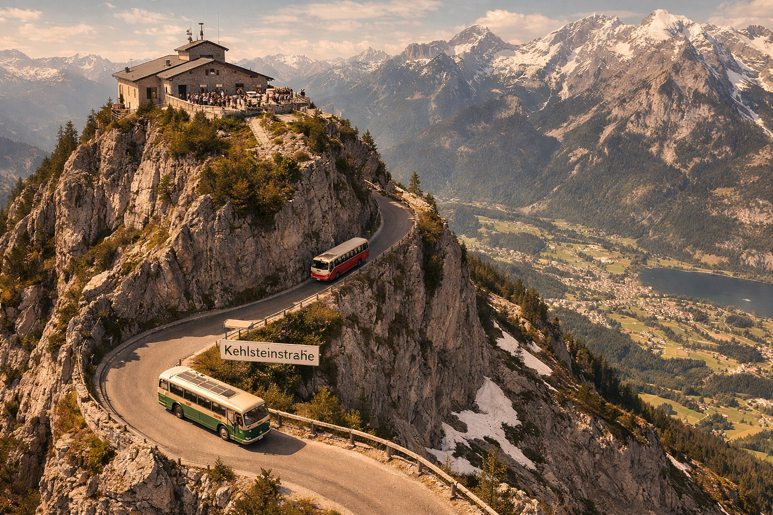 () detailed aerial perspective image showing the winding Kehlsteinstrasse mountain road carved into steep rocky cliffs