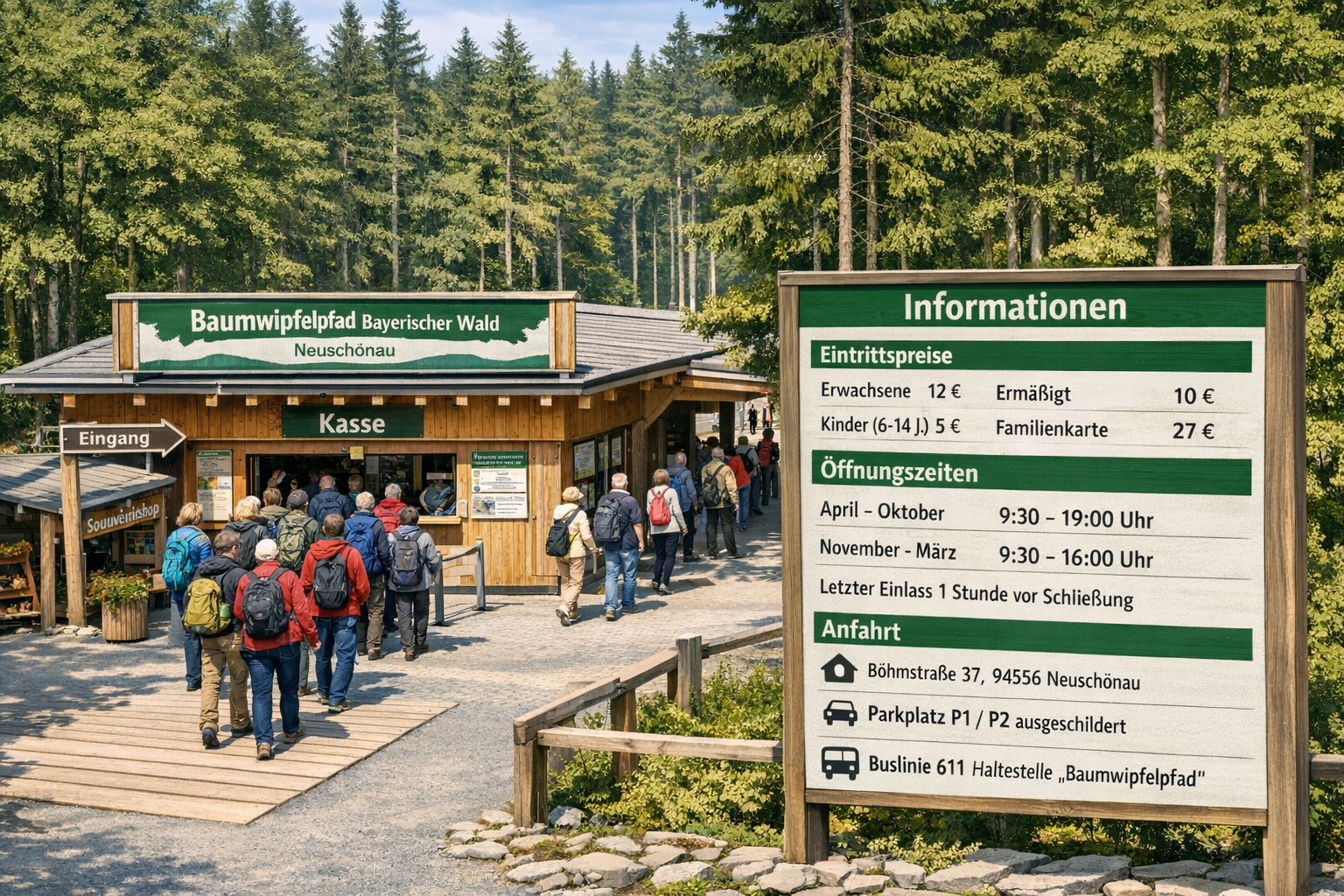 Baumwipfelpfad Bayerischer Wald (Neuschönau) 2 () detailed aerial-style illustration or editorial photo showing the entrance area and ticket booth of the Baumwipfelpfad