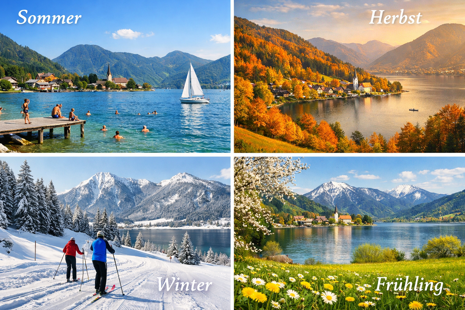 () detailed collage-style editorial image showing four distinct seasonal scenes of Tegernsee Bayerische Voralpen: summer