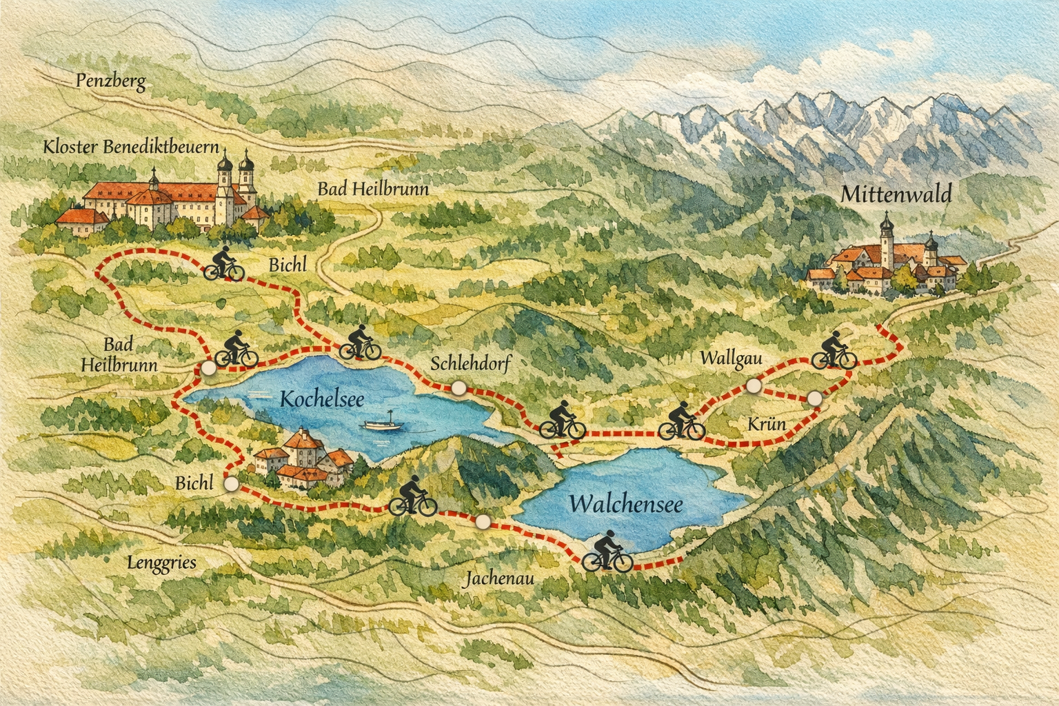 Benediktweg 1 () detailed cycling route map illustration of the Benediktweg in Bavaria, showing key waypoints including Benediktbeuern