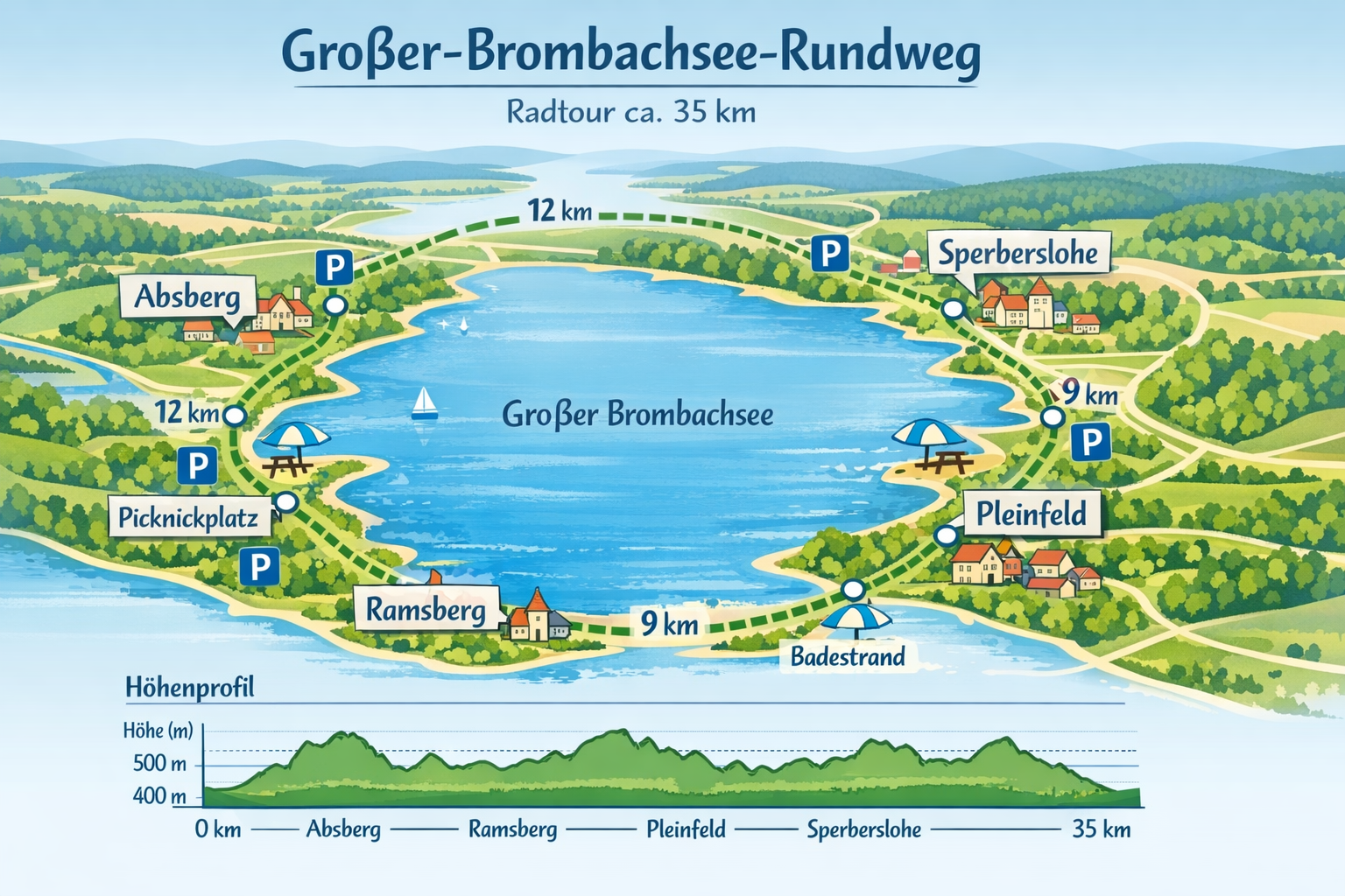 Großer-Brombachsee-Rundweg 1 () detailed cycling route map illustration of the Großer-Brombachsee-Rundweg, showing the circular 35km trail around the