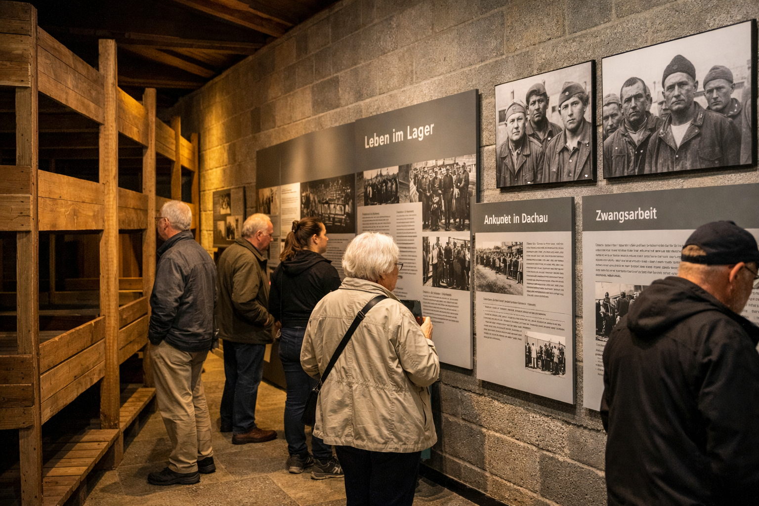 () detailed documentary-style photograph of the interior of the Dachau memorial exhibition hall showing preserved barracks