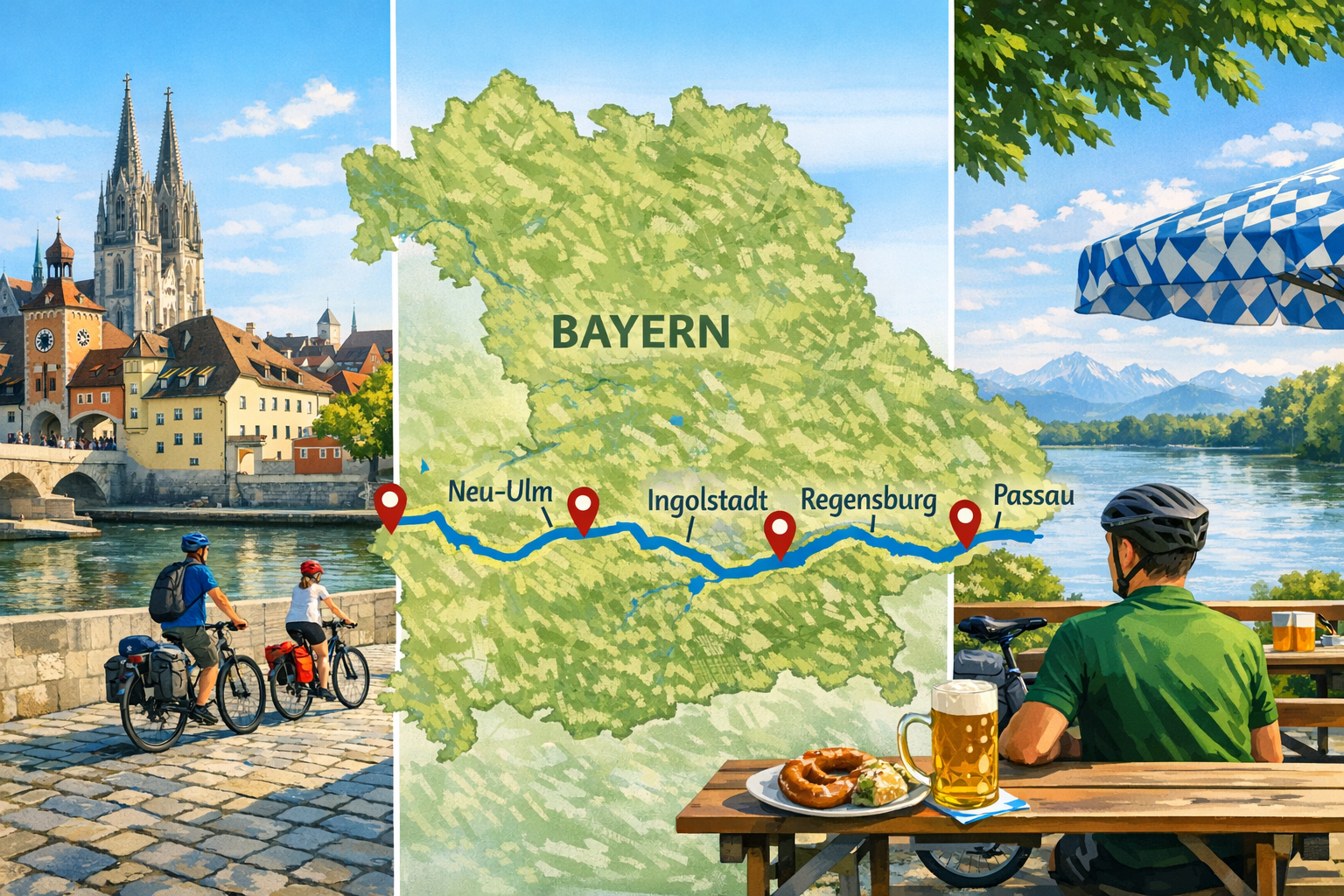 Donauradweg (bayerischer Abschnitt) 1 () detailed editorial collage image showing the highlights of the Bavarian Donauradweg: a split-scene composition featuring