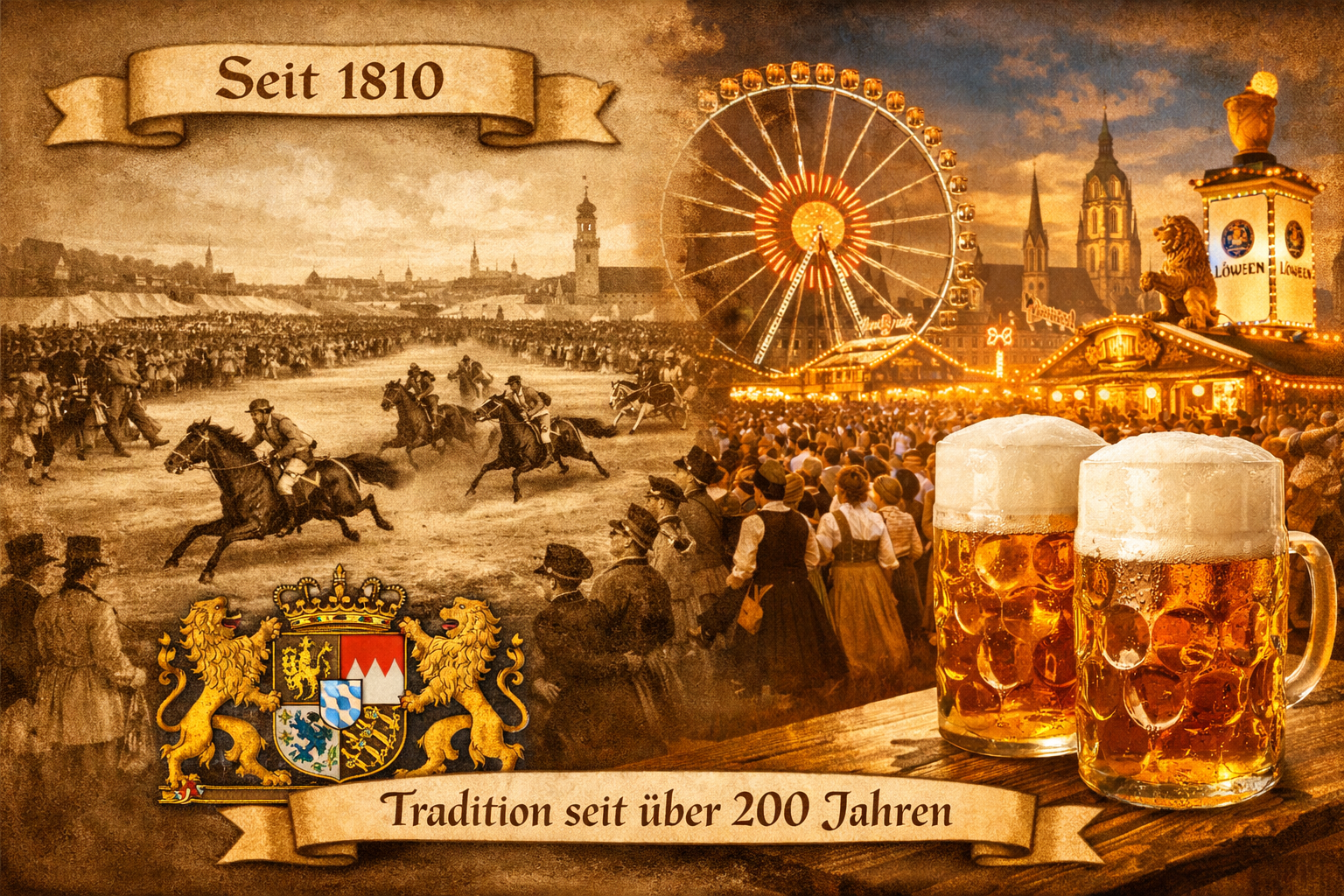 () detailed editorial collage showing Oktoberfest München history and tradition: vintage sepia-toned photograph of the