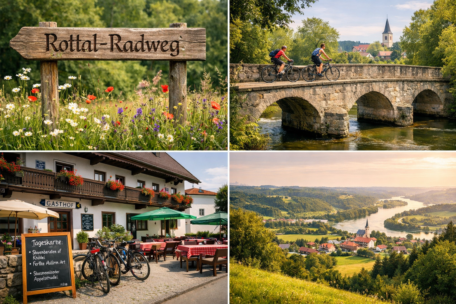 () detailed editorial collage showing four distinct scenes from the Rottal-Radweg cycling route in Bavaria: top-left shows a