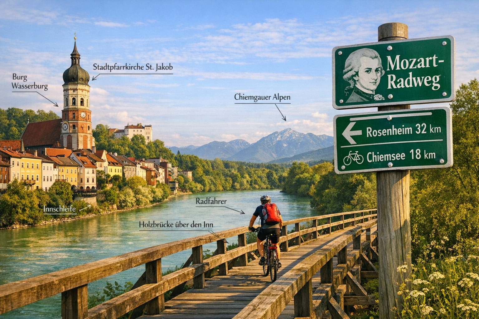 () detailed editorial collage showing key highlights of the Mozart-Radweg bayerischer Abschnitt: a split composition with a