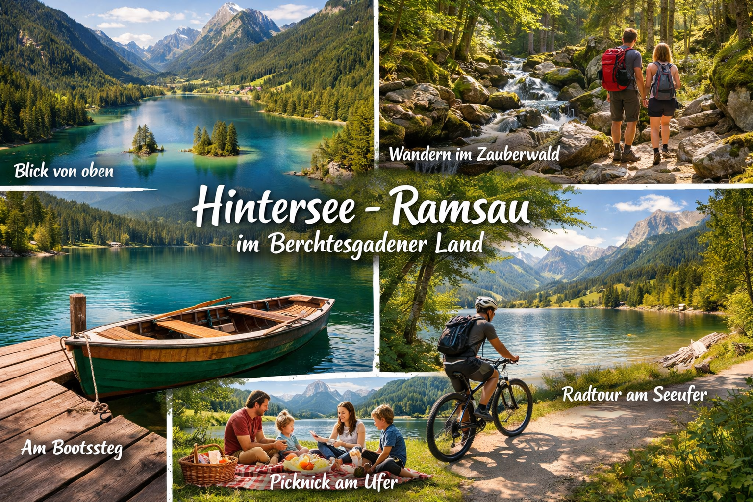 Hintersee (Ramsau / Berchtesgadener Land) 1 () detailed editorial collage showing multiple perspectives of Hintersee Ramsau Berchtesgadener Land: aerial drone view of