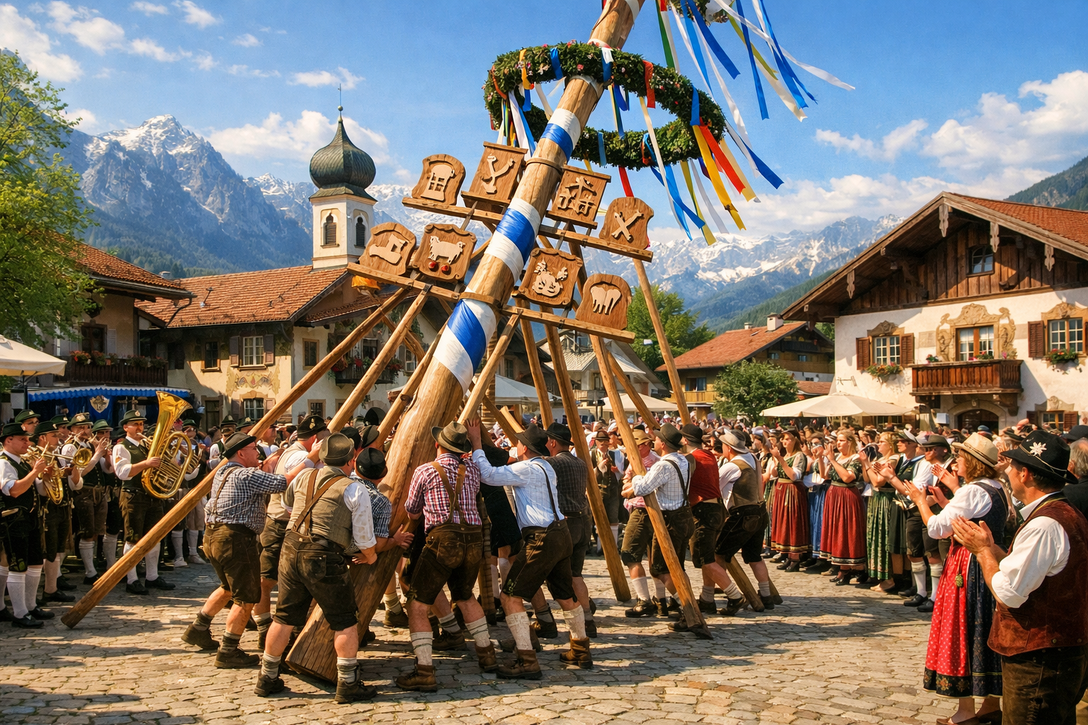 Maibaumaufstellen (bayernweit) 1 () detailed editorial illustration showing a festive Bavarian village square during Maibaumaufstellen: a wooden maypole