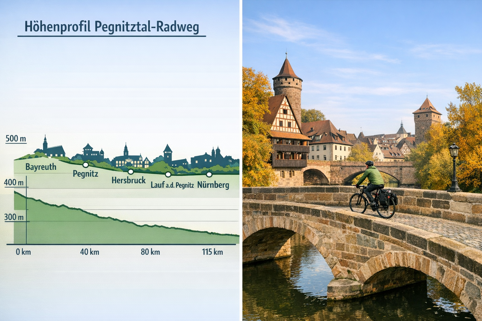 Pegnitztal-Radweg 1 () detailed editorial illustration showing a split-view infographic of the Pegnitztal-Radweg route from Bayreuth to