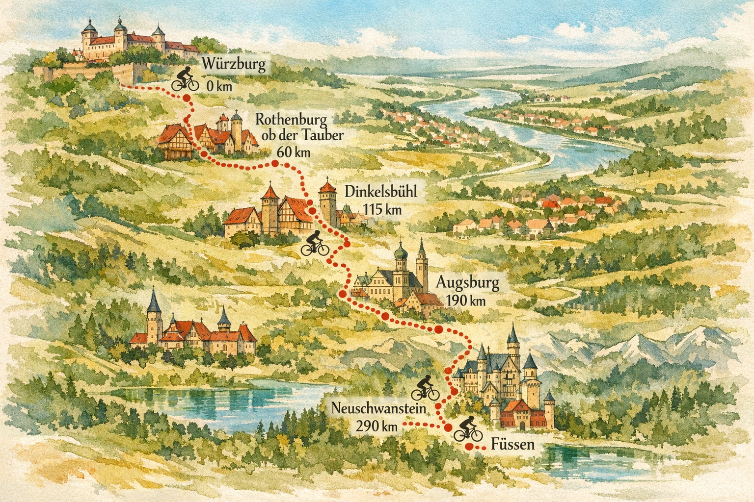 Radweg Romantische Straße 1 () detailed editorial illustration showing a split-view map of the Radweg Romantische Straße from Würzburg to Füssen, with