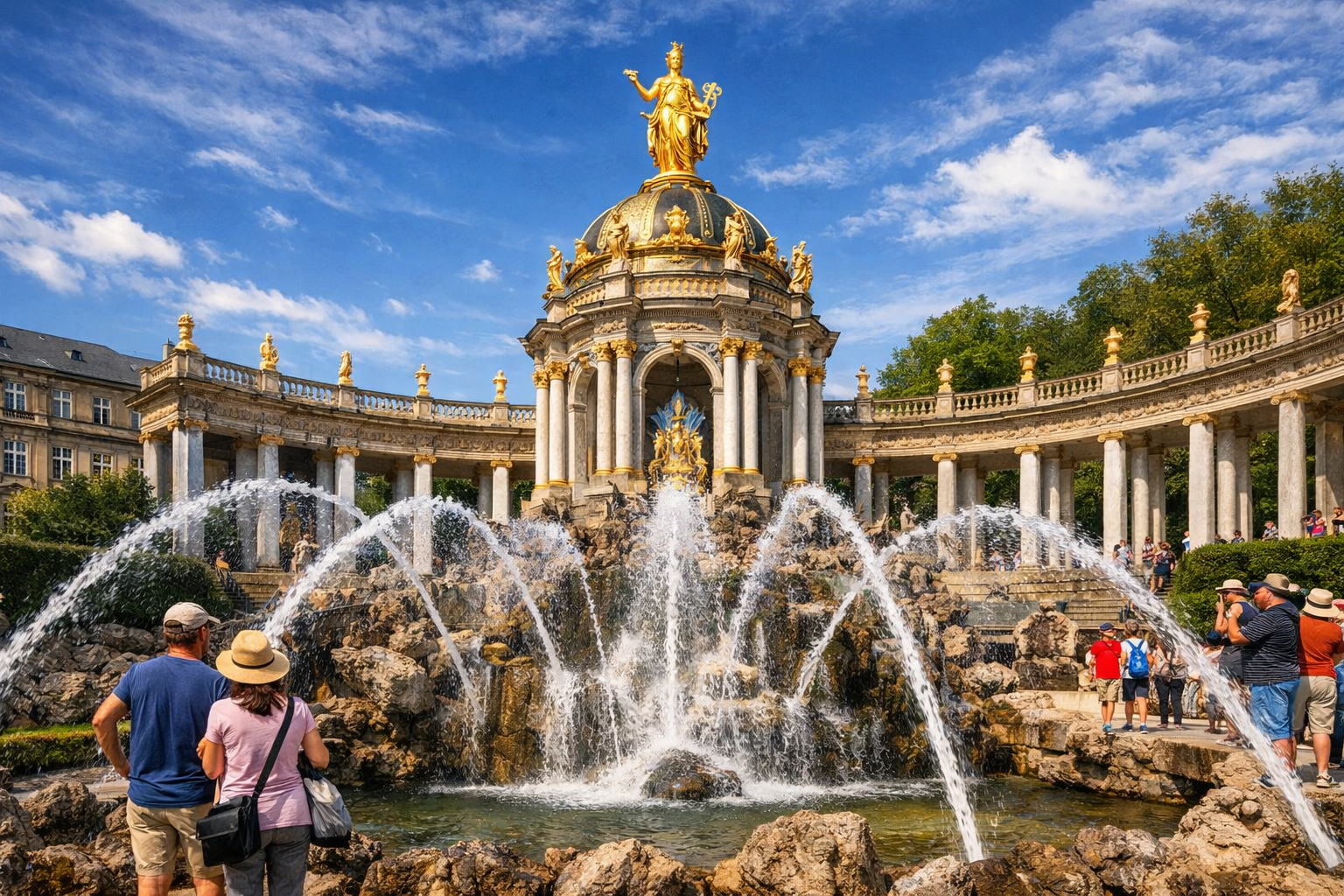 () detailed editorial image of the Neues Schloss and the famous Sonnentempel (Sonnentempel) at Eremitage Bayreuth – dramatic