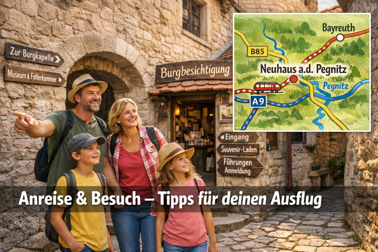 Burg Veldenstein 2 () detailed editorial image showing a cheerful family of four tourists exploring the inner courtyard of a medieval