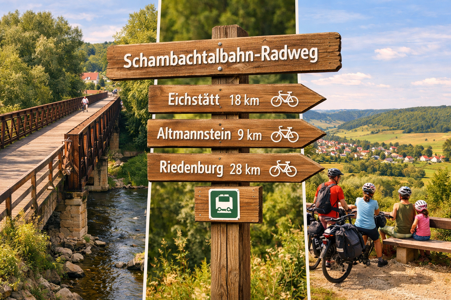 () detailed editorial image showing a collage-style visual overview of the Schambachtalbahn-Radweg: on the left, a vintage