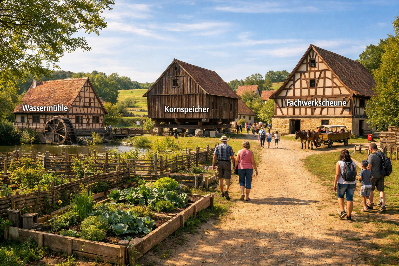 () detailed editorial image showing a panoramic view inside the Fränkisches Freilandmuseum Bad Windsheim: multiple historic