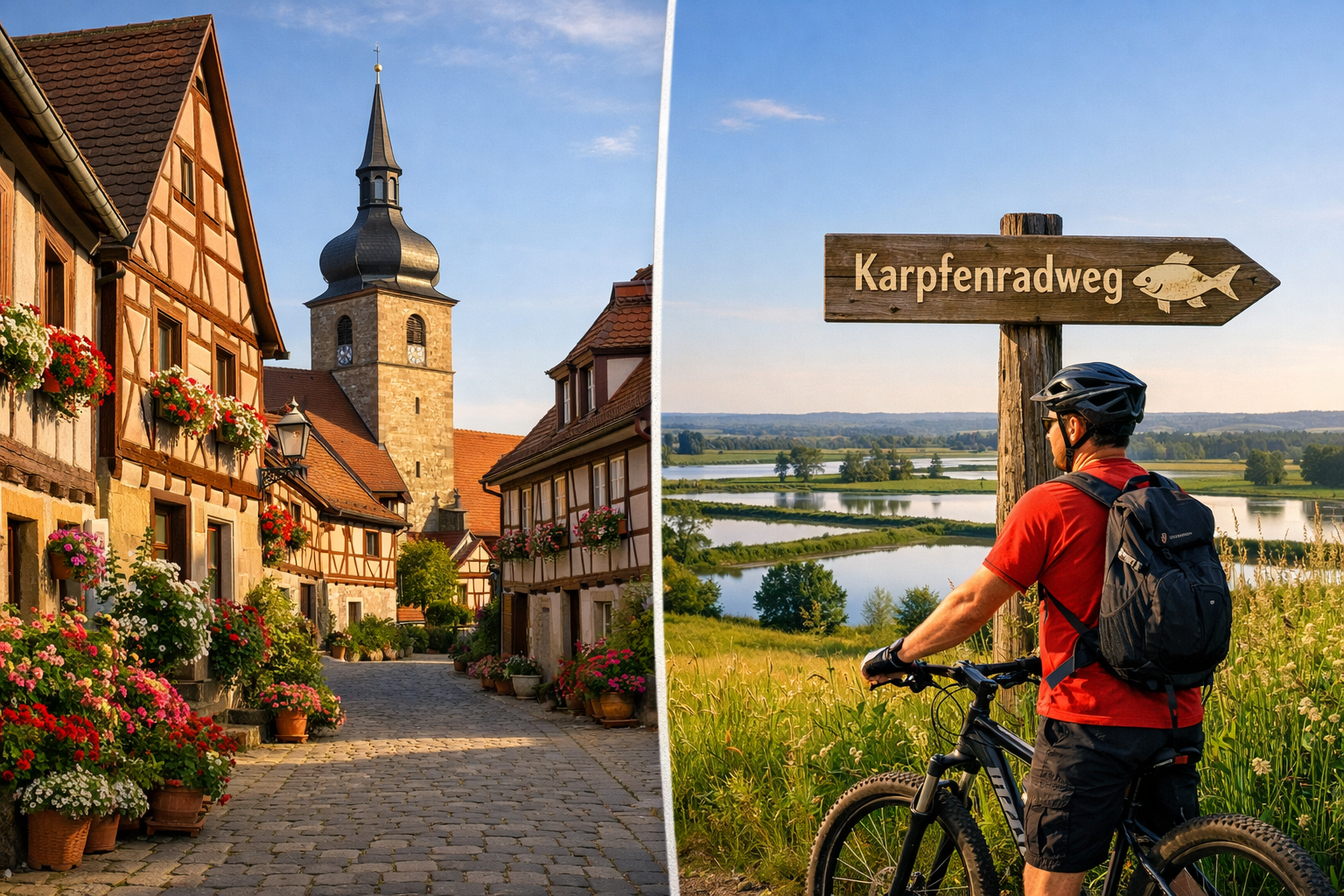 () detailed editorial image showing a split-scene composition: left side features a traditional Franconian half-timbered