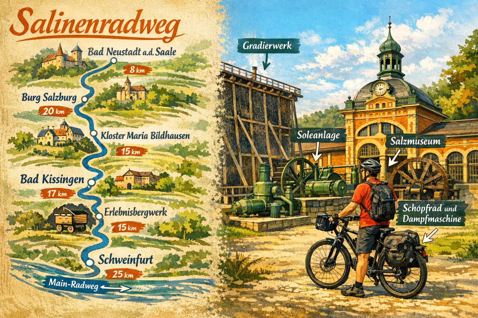 Salinenradweg 1 () detailed editorial image showing a split-scene composition: on the left, a detailed illustrated route map of the