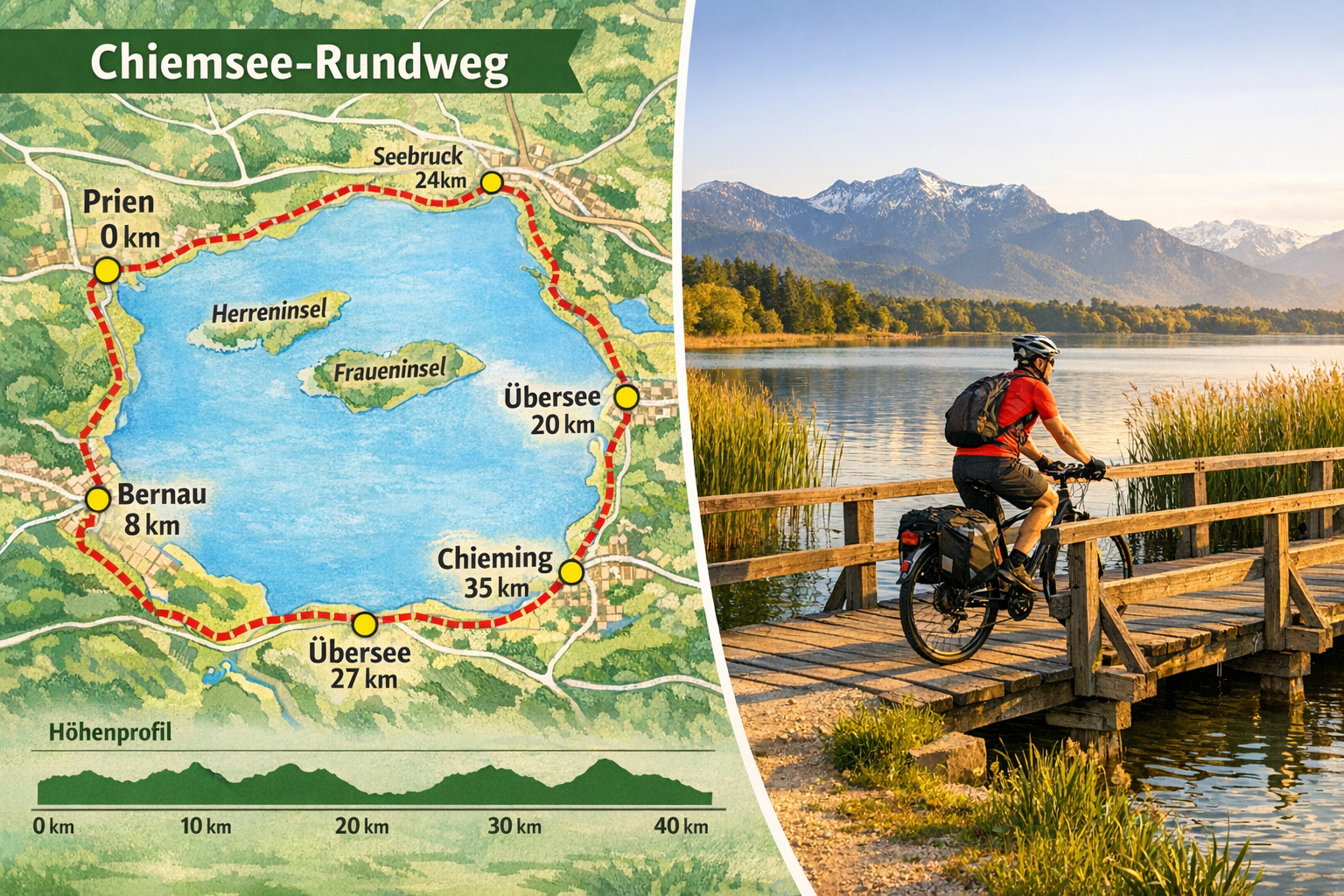 () detailed editorial image showing a split-scene overview of the Chiemsee-Rundweg cycling route: on the left a topographic