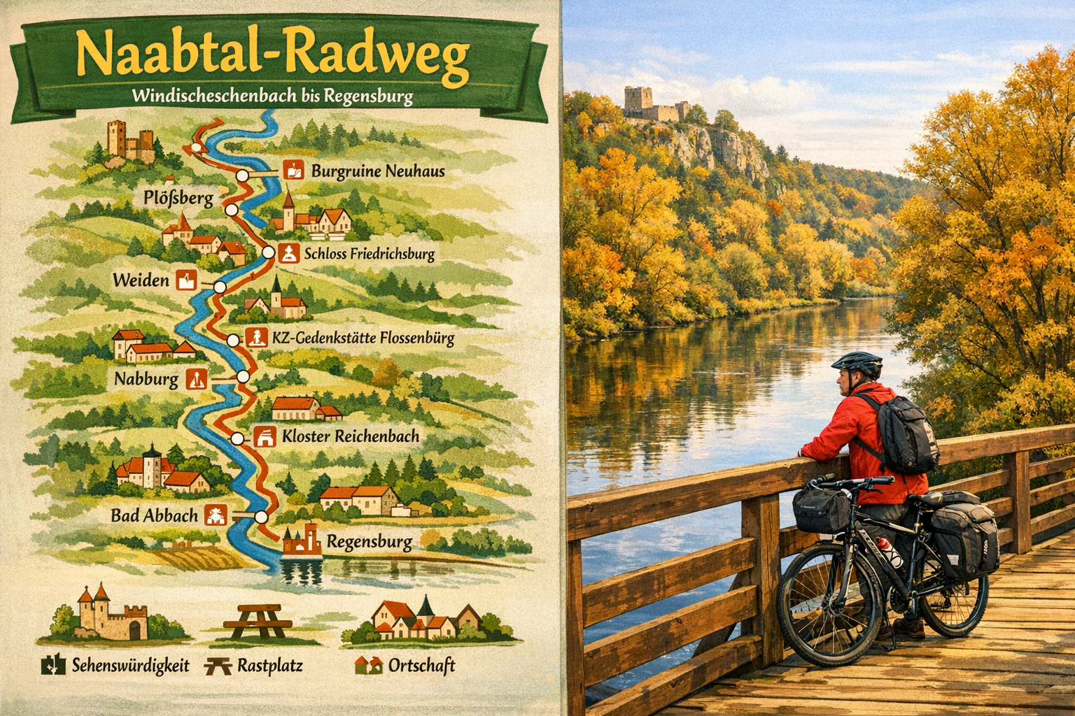 Naabtal-Radweg 1 () detailed editorial image showing a split-scene overview of the Naabtal-Radweg route: on the left, a detailed illustrated