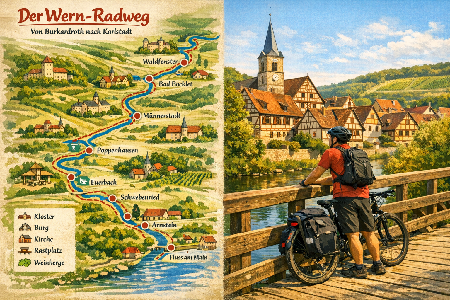 () detailed editorial image showing a split-scene overview of the Wern-Radweg route: on the left, a detailed illustrated