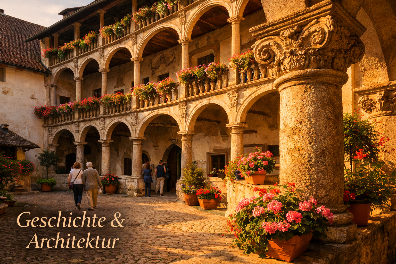 Schloss Amerang 1 () detailed editorial image showing the historic inner courtyard of Schloss Amerang with Renaissance arcades, ornate stone