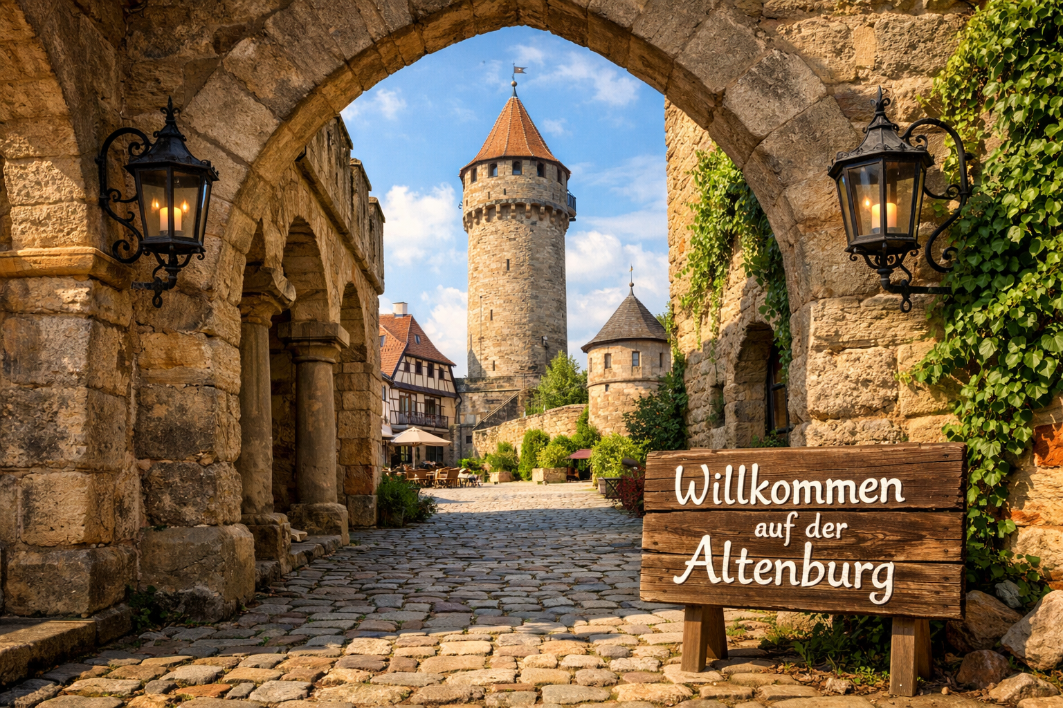 () detailed editorial image showing the interior courtyard of Altenburg castle near Bamberg, Germany. Stone archways frame a