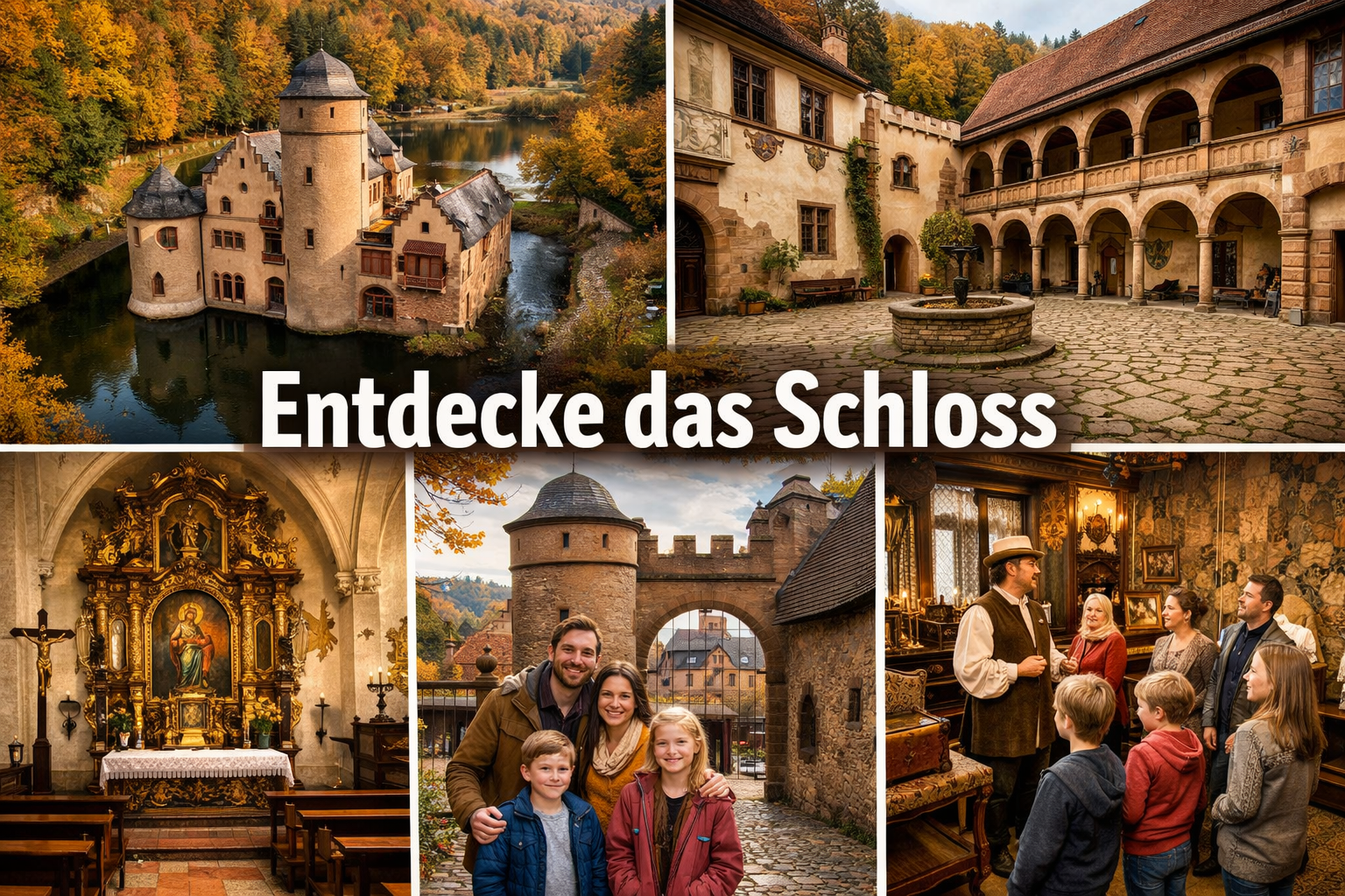 () detailed editorial photo collage showing Wasserschloss Mespelbrunn from multiple angles: aerial view of the castle