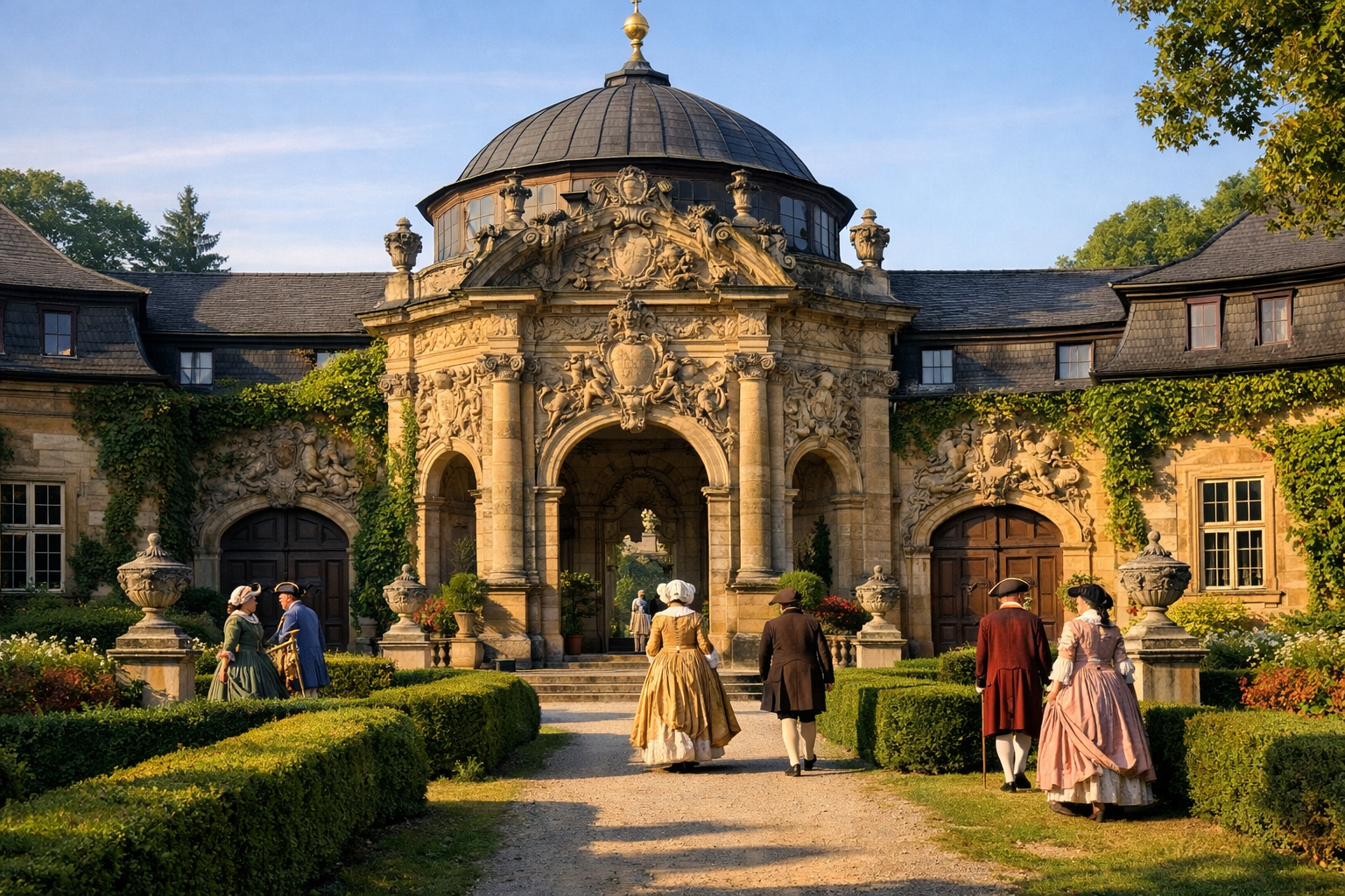 () detailed editorial photograph of the Altes Schloss (Altes Schloss) at Eremitage Bayreuth – close-up of the ornate baroque