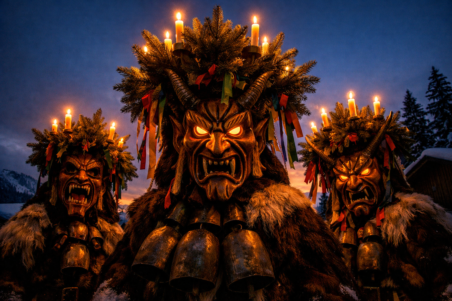 Klausentreiben (Allgäu) 1 () detailed editorial photograph showing a group of elaborately costumed Klausen performers in the Allgäu region, wearing