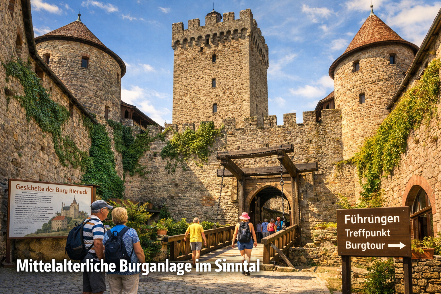 () detailed editorial photograph showing the interior courtyard of Burg Rieneck from ground level, looking up at the