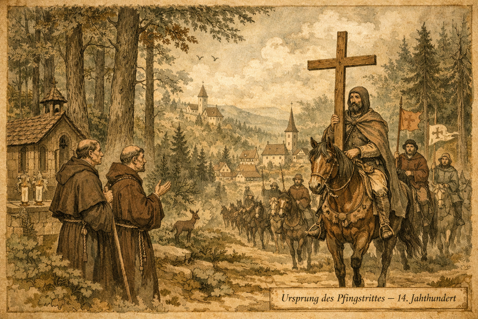 Bad Kötztinger Pfingstritt (Bad Kötzting) 1 () detailed historical illustration style image showing medieval Bavarian village scene with monks and early Christian