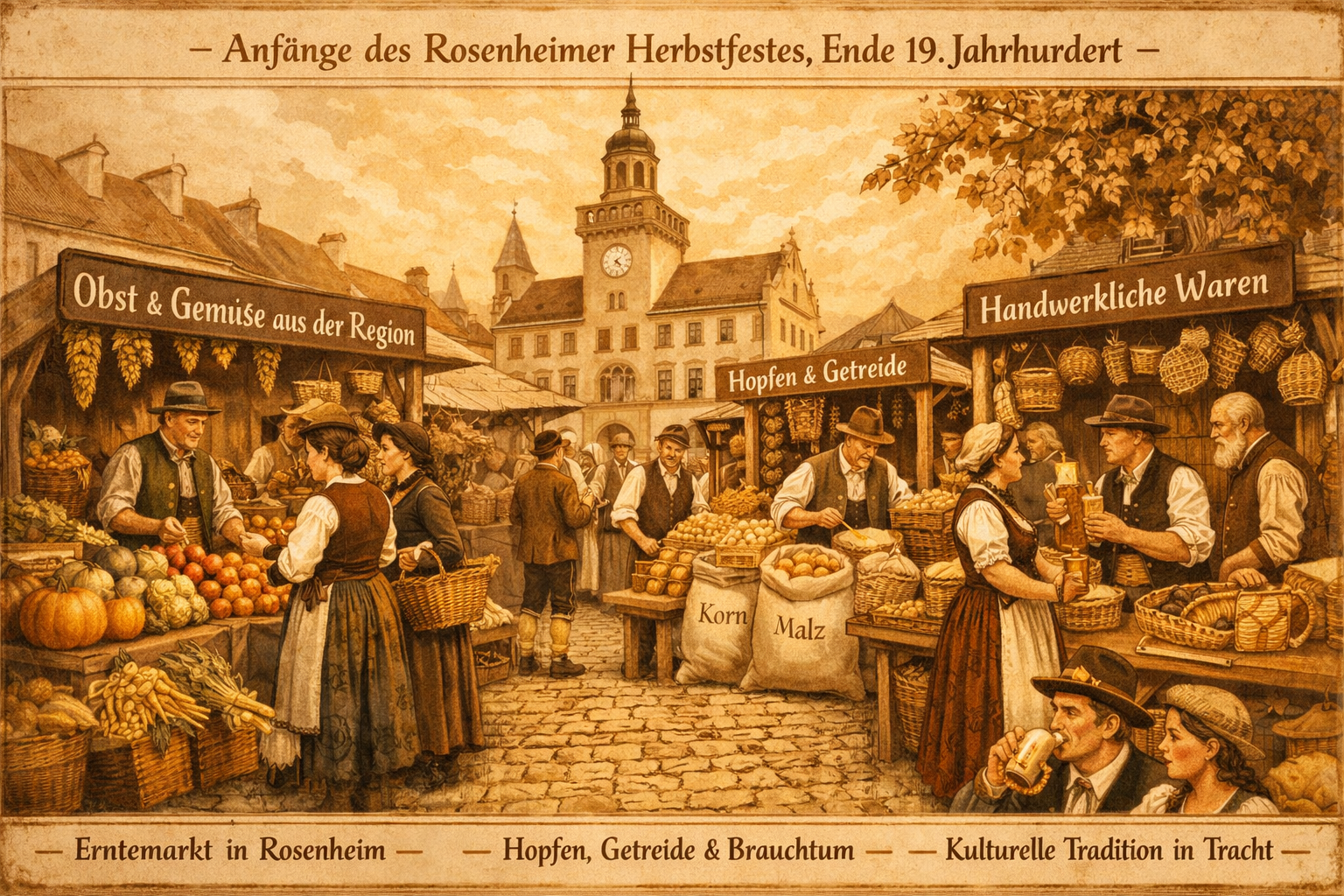 () detailed historical illustration-style image showing the origins of the Rosenheimer Herbstfest tradition, depicting a