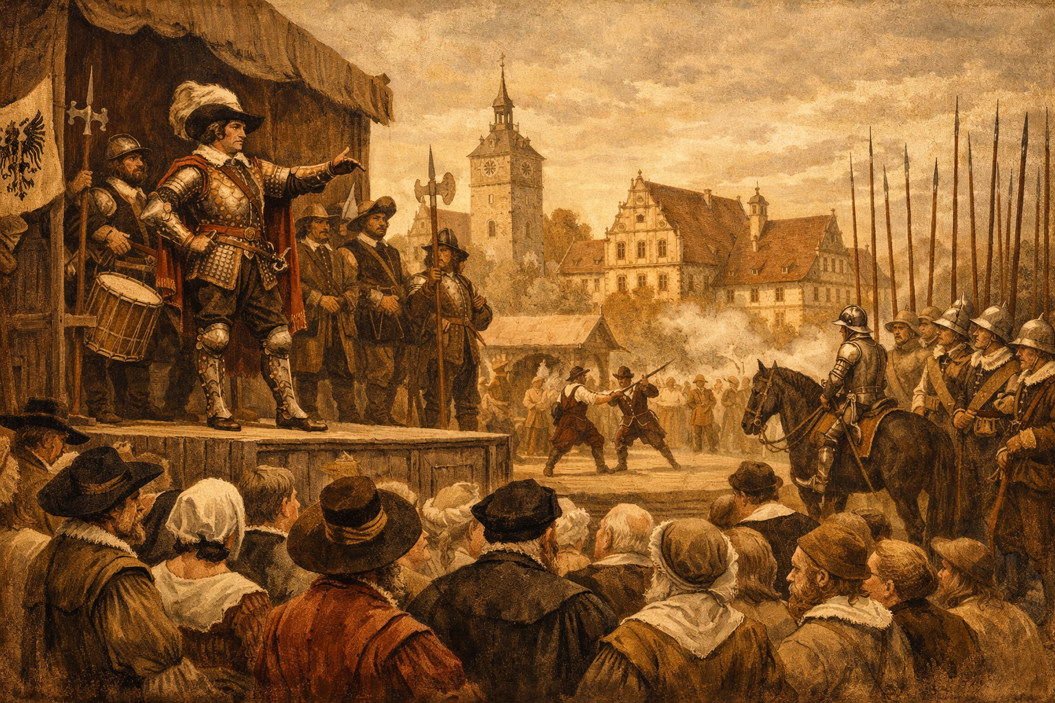 () detailed historical scene illustration showing the origins of the Wallensteinfestspiele tradition in Altdorf bei