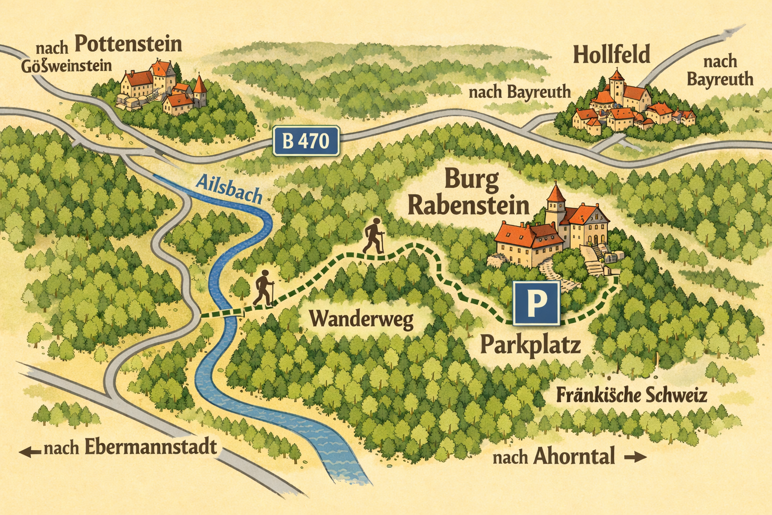 () detailed illustrated map-style infographic of the route to Burg Rabenstein in der Fränkischen Schweiz, Bavaria. Shows
